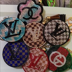 Designer Inspired Embellished Logo Keychains - Multicolor